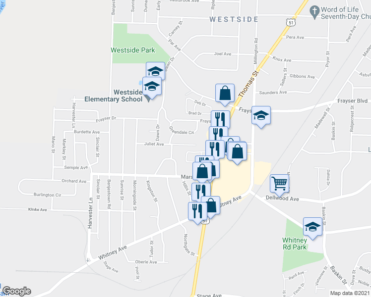 map of restaurants, bars, coffee shops, grocery stores, and more near 879 Juliet Avenue in Memphis