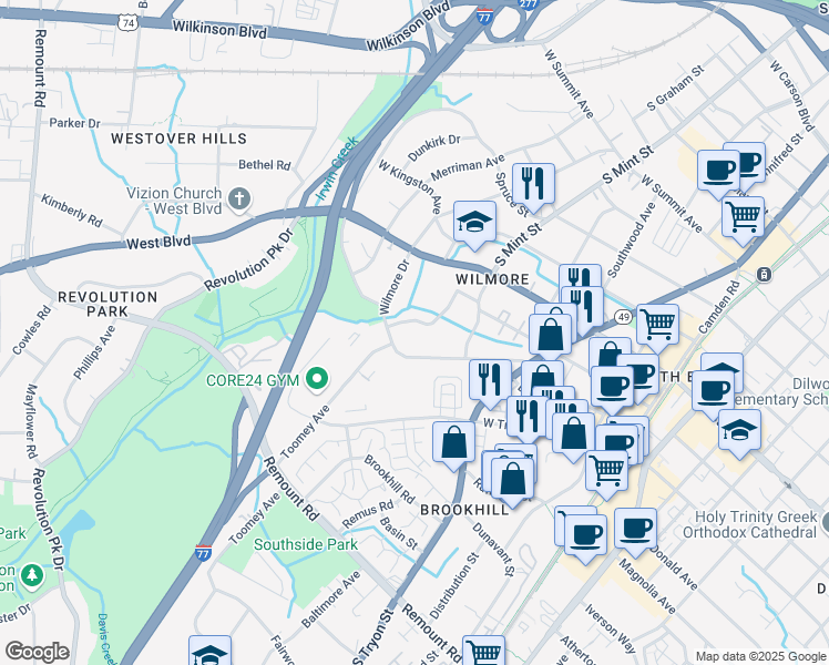map of restaurants, bars, coffee shops, grocery stores, and more near 2033 Wilmore Drive in Charlotte