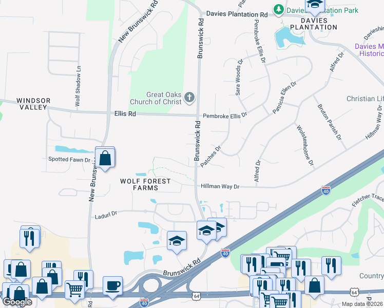 map of restaurants, bars, coffee shops, grocery stores, and more near 3236 Brunswick View Cove in Memphis