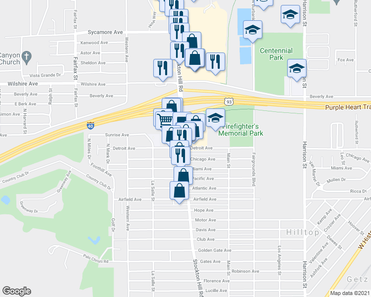 map of restaurants, bars, coffee shops, grocery stores, and more near 3154 Stockton Hill Road in Kingman