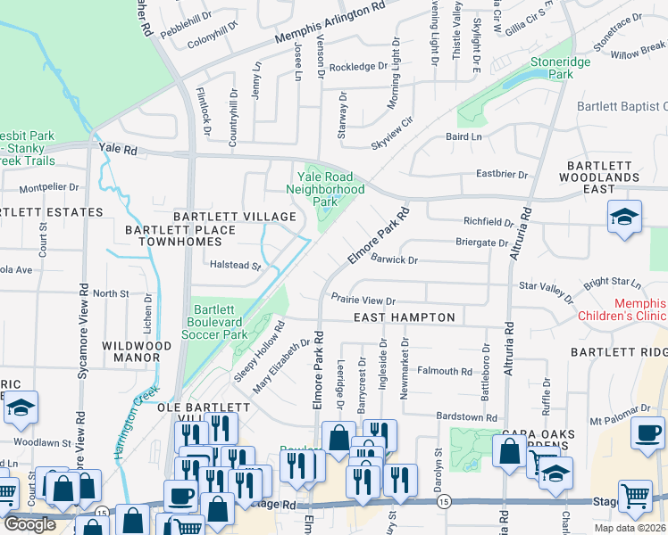 map of restaurants, bars, coffee shops, grocery stores, and more near 3225 Elmore Park Road in Bartlett