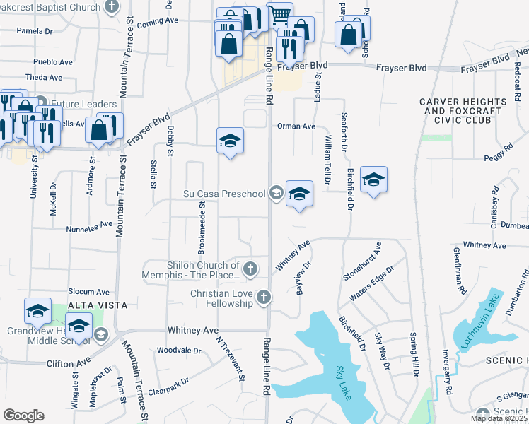 map of restaurants, bars, coffee shops, grocery stores, and more near 2626 Sandpiper Avenue in Memphis