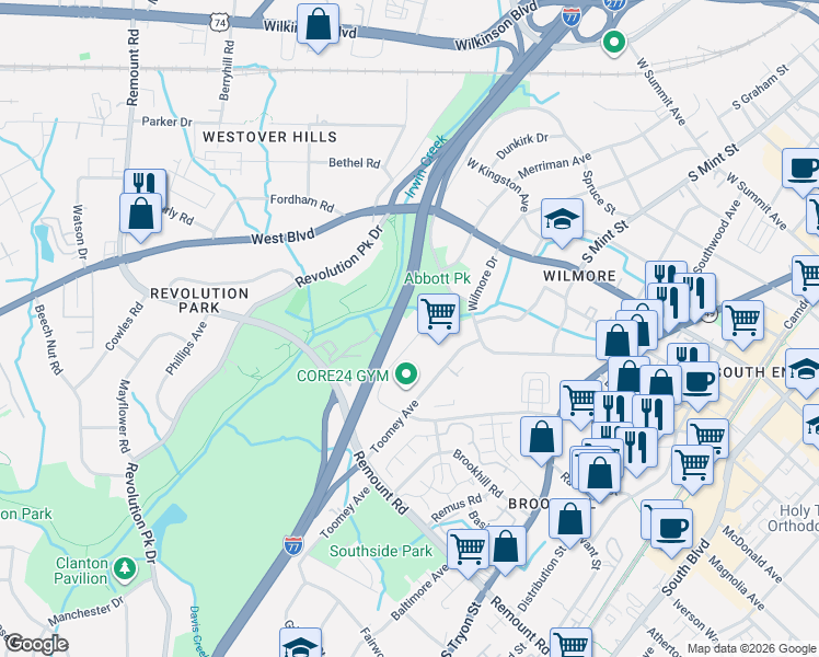 map of restaurants, bars, coffee shops, grocery stores, and more near 2227 Fairway Ln in Charlotte