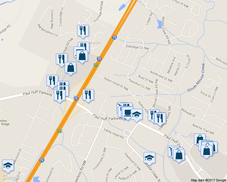 map of restaurants, bars, coffee shops, grocery stores, and more near 1115 Robin Hood Dr NW in Cleveland