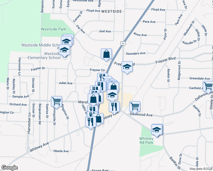 map of restaurants, bars, coffee shops, grocery stores, and more near 3240 Thomas Street in Memphis