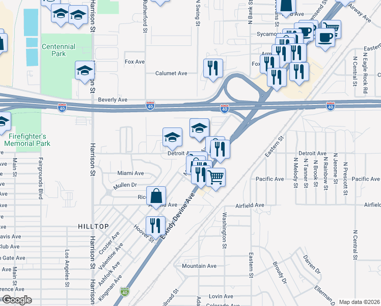 map of restaurants, bars, coffee shops, grocery stores, and more near 2845 Detroit Avenue in Kingman