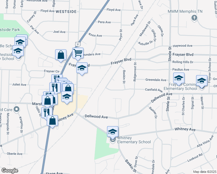 map of restaurants, bars, coffee shops, grocery stores, and more near 3240 Madewell Street in Memphis