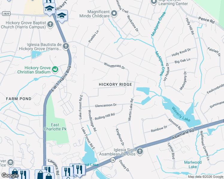 map of restaurants, bars, coffee shops, grocery stores, and more near 6134 Long Pine Drive in Charlotte