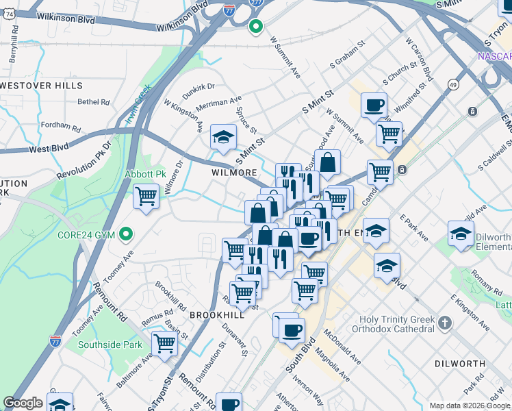 map of restaurants, bars, coffee shops, grocery stores, and more near in Charlotte