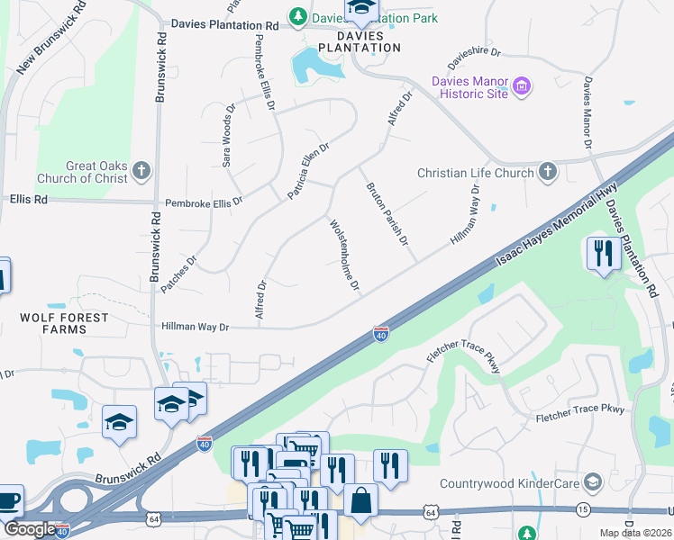 map of restaurants, bars, coffee shops, grocery stores, and more near 3237 Wolstenholme Drive in Memphis