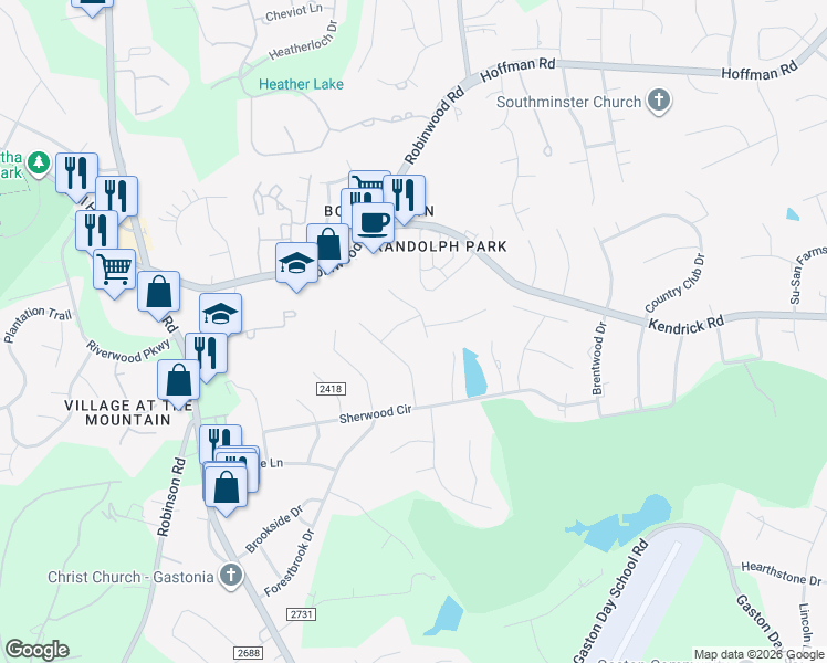 map of restaurants, bars, coffee shops, grocery stores, and more near 3619 Raven Hill Drive in Gastonia