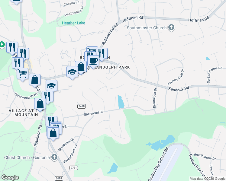 map of restaurants, bars, coffee shops, grocery stores, and more near 3709 Sand Wedge Drive in Gastonia