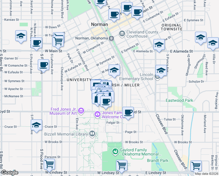 map of restaurants, bars, coffee shops, grocery stores, and more near 208 West Duffy Street in Norman