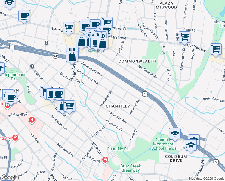 map of restaurants, bars, coffee shops, grocery stores, and more near 2301 Chesterfield Avenue in Charlotte