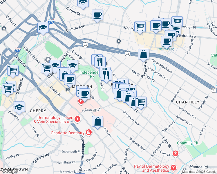 map of restaurants, bars, coffee shops, grocery stores, and more near 1828 East 7th Street in Charlotte