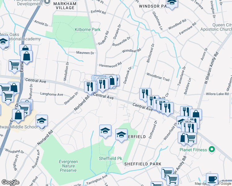 map of restaurants, bars, coffee shops, grocery stores, and more near 4463 Central Avenue in Charlotte