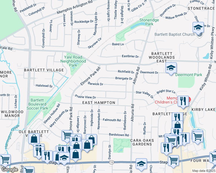 map of restaurants, bars, coffee shops, grocery stores, and more near 6353 Barwick Drive in Bartlett