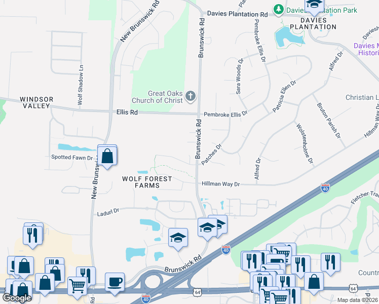 map of restaurants, bars, coffee shops, grocery stores, and more near 3236 Brunswick View Cove in Memphis