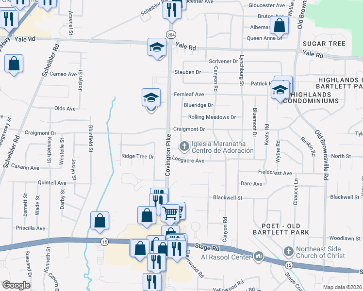 map of restaurants, bars, coffee shops, grocery stores, and more near 5095 Rolling Fields Drive in Memphis