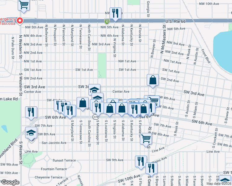 map of restaurants, bars, coffee shops, grocery stores, and more near 307 South Virginia Street in Amarillo