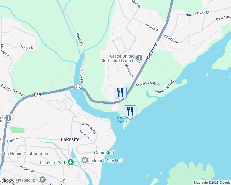 map of restaurants, bars, coffee shops, grocery stores, and more near 2309 Watershore Drive in Soddy-Daisy