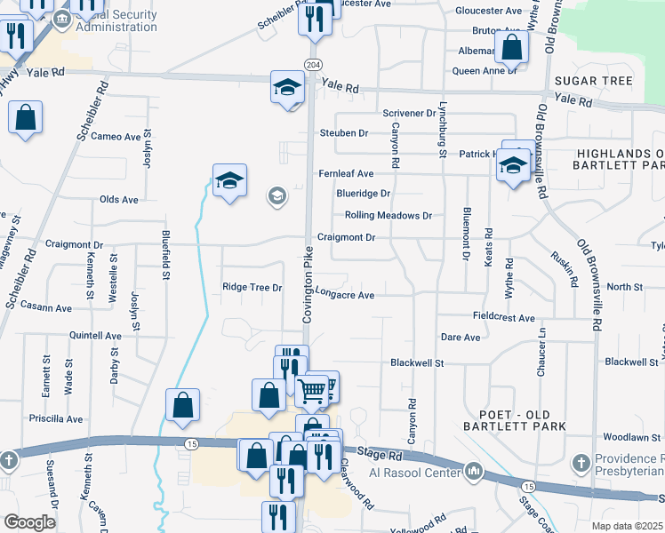 map of restaurants, bars, coffee shops, grocery stores, and more near 5095 Rolling Fields Drive in Memphis