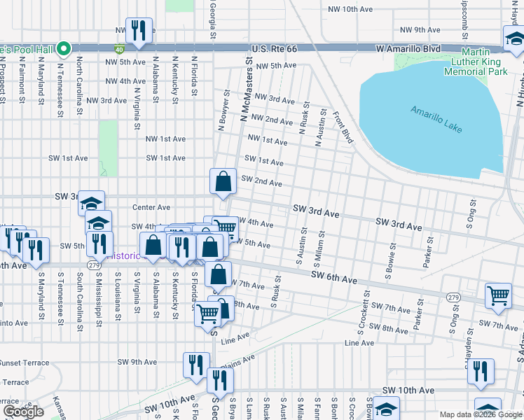 map of restaurants, bars, coffee shops, grocery stores, and more near 2405 Southwest 3rd Avenue in Amarillo