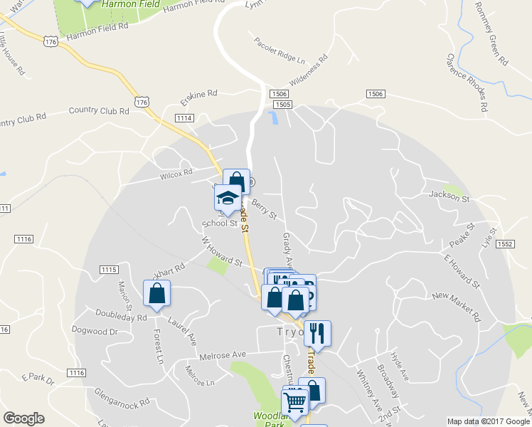 map of restaurants, bars, coffee shops, grocery stores, and more near 90 Berry Street in Tryon