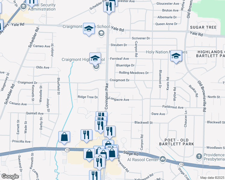 map of restaurants, bars, coffee shops, grocery stores, and more near 5095 Rolling Fields Drive in Memphis