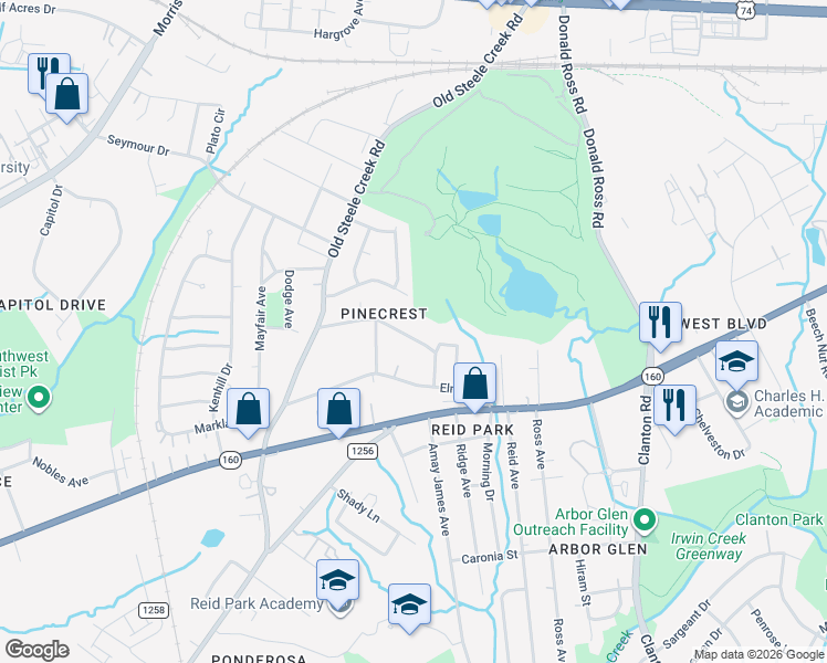 map of restaurants, bars, coffee shops, grocery stores, and more near 2562 Hemphill Street in Charlotte