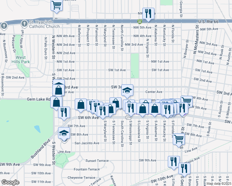 map of restaurants, bars, coffee shops, grocery stores, and more near 307 South Tennessee Street in Amarillo