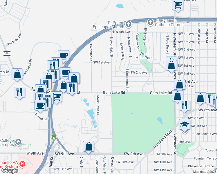 map of restaurants, bars, coffee shops, grocery stores, and more near 4600 Gem Lake Road in Amarillo