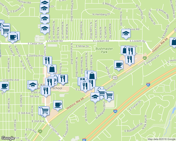map of restaurants, bars, coffee shops, grocery stores, and more near 2829 North Schevene Boulevard in Flagstaff
