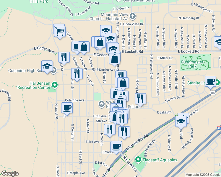 map of restaurants, bars, coffee shops, grocery stores, and more near 2651 North 3rd Street in Flagstaff