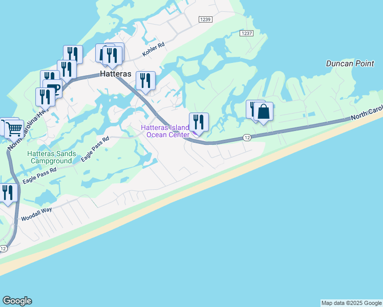 map of restaurants, bars, coffee shops, grocery stores, and more near 57211 Atlantic View Drive in Hatteras