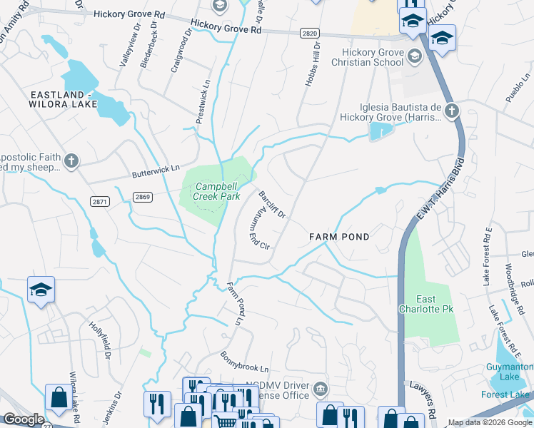 map of restaurants, bars, coffee shops, grocery stores, and more near 5415 Autumn End Circle in Charlotte