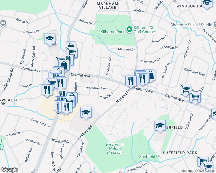 map of restaurants, bars, coffee shops, grocery stores, and more near 4027 Langhorne Avenue in Charlotte