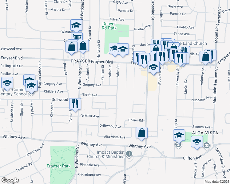 map of restaurants, bars, coffee shops, grocery stores, and more near 3241 Aden Street in Memphis