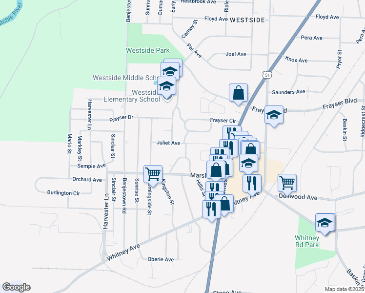 map of restaurants, bars, coffee shops, grocery stores, and more near 837 Juliet Avenue in Memphis