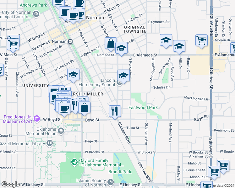 map of restaurants, bars, coffee shops, grocery stores, and more near 912 Miller Avenue in Norman