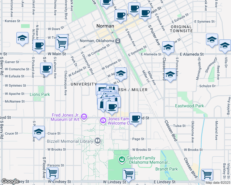 map of restaurants, bars, coffee shops, grocery stores, and more near 320 West Duffy Street in Norman