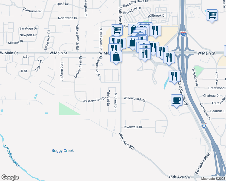 map of restaurants, bars, coffee shops, grocery stores, and more near 408 Midland Drive in Norman