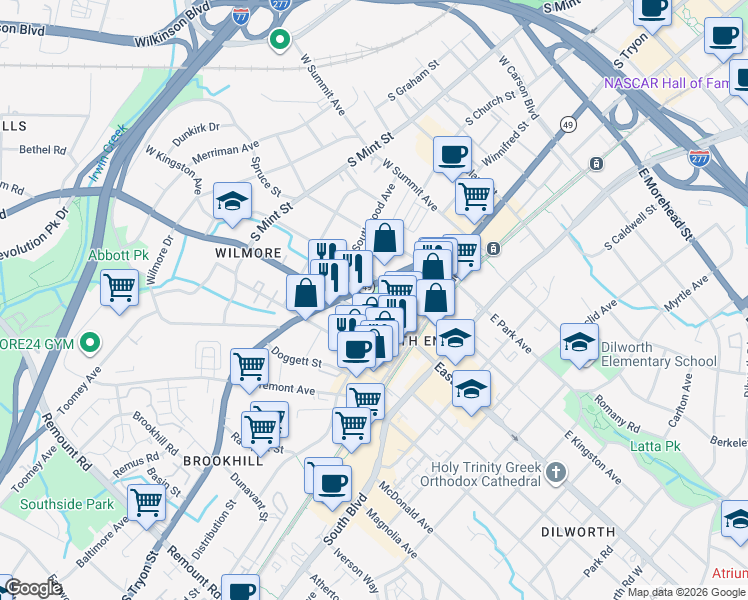 map of restaurants, bars, coffee shops, grocery stores, and more near 214 West Boulevard in Charlotte