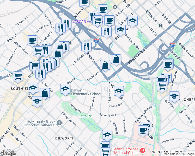 map of restaurants, bars, coffee shops, grocery stores, and more near in Charlotte