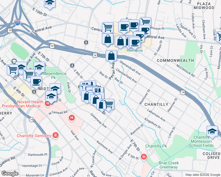 map of restaurants, bars, coffee shops, grocery stores, and more near 2017 East 9th Street in Charlotte