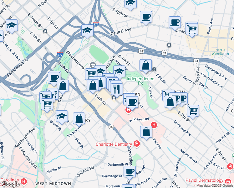 map of restaurants, bars, coffee shops, grocery stores, and more near 1611 Elizabeth Ave in Charlotte