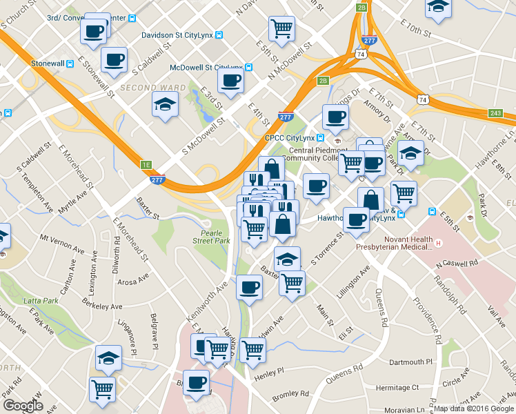 map of restaurants, bars, coffee shops, grocery stores, and more near 715 Charlottetowne Avenue in Charlotte
