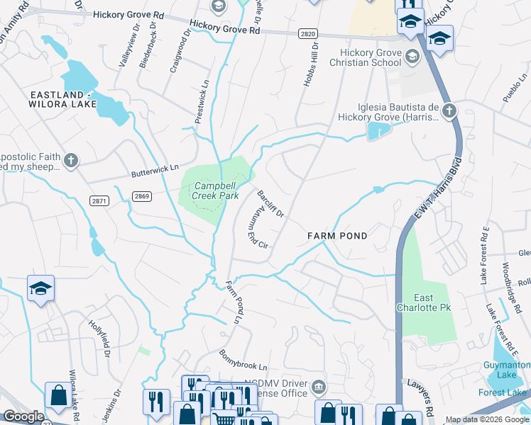 map of restaurants, bars, coffee shops, grocery stores, and more near 5415 Autumn End Circle in Charlotte