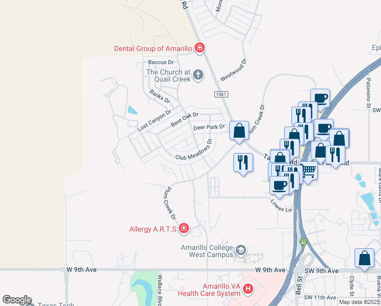 map of restaurants, bars, coffee shops, grocery stores, and more near 6804 Club Meadows Drive in Amarillo