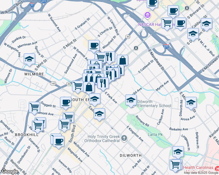 map of restaurants, bars, coffee shops, grocery stores, and more near 1515 South Boulevard in Charlotte
